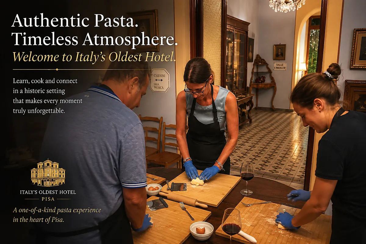 Guests preparing fresh pasta in a historic room of the Royal Victoria Hotel