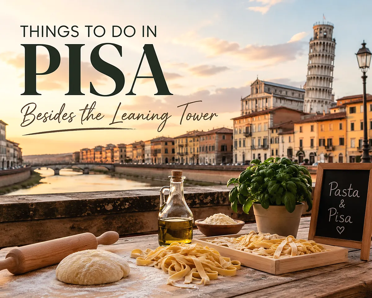 Pisa riverside with the Leaning Tower and a board of fresh pasta