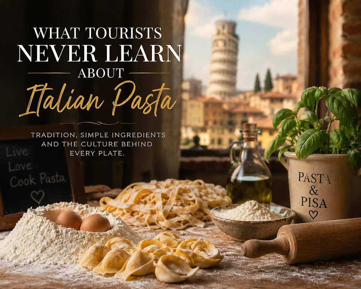 Fresh tortelli on a floured board with the Leaning Tower in the background