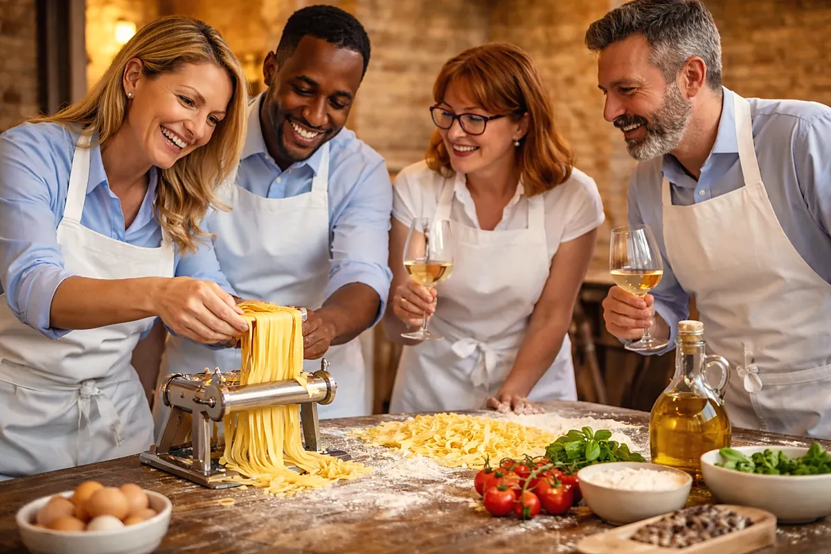 Colleagues making pasta during a team building