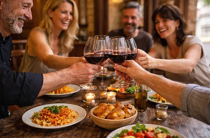 Guests toasting with red wine after the pasta class in Pisa